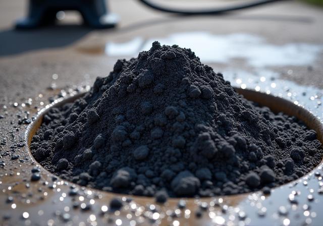 高圧洗浄によって排水口から除去された火山灰の塊