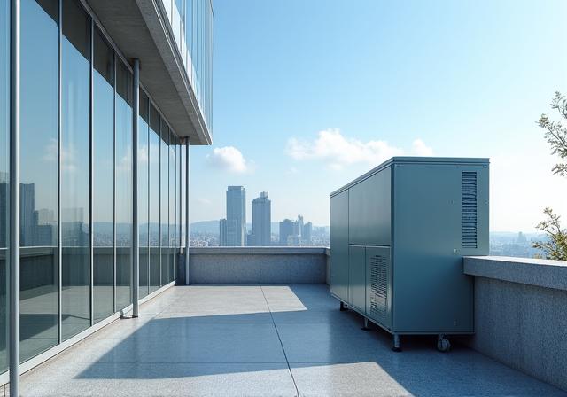 商業ビルの屋上に設置された地熱システムの地上ユニット