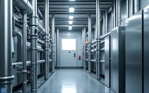 地熱システムの配管が設置されたクリーンな機械室