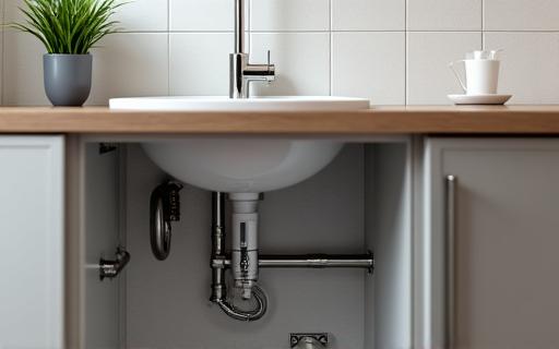 近代的なキッチンの下にある整然と配管されたシンク