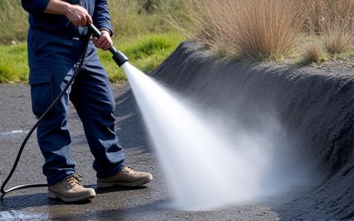 作業員が高圧洗浄ホースで屋外の排水口を清掃している様子