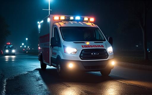 夜間に懐中電灯を持って作業する緊急サービス車両