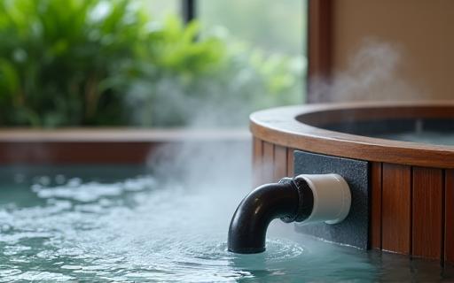 湯気が立ち上る温泉施設の木製浴槽につながる配管