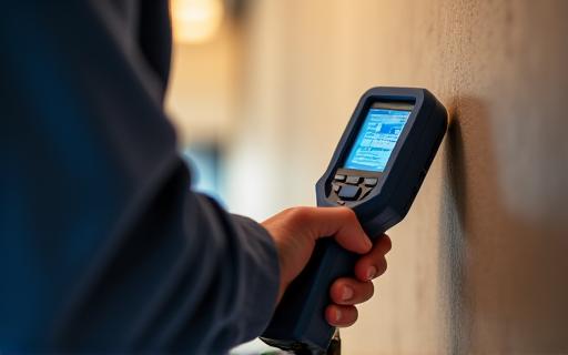 作業員が壁に音響式の漏水探知機を当てている様子